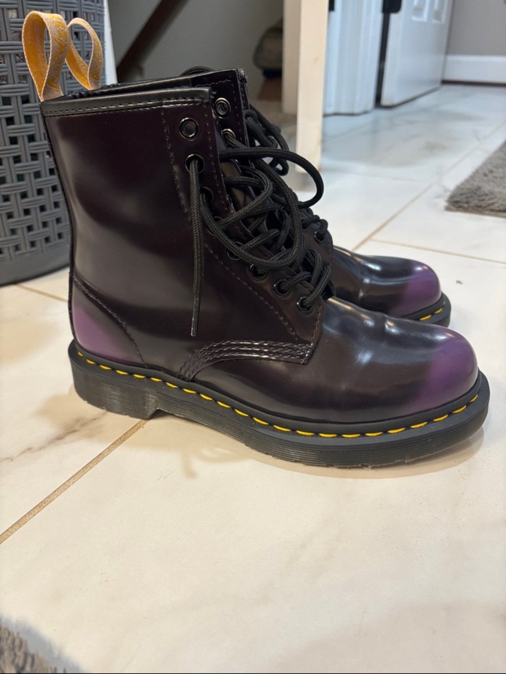 Dr. Martens Women's Purple Ombre Lace-Up Boots with Yellow Stitching